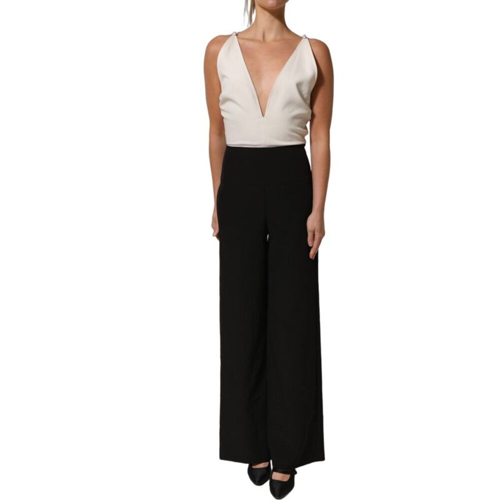 Atos Lombardini White Black Plunging Neck Sleeveless Bodysuit Women's Dress